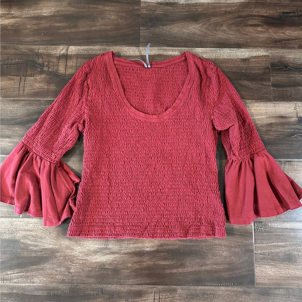 Anthropologie Smocked Bell Sleeve Top Red Scoop Neck Textured Blouse Medium